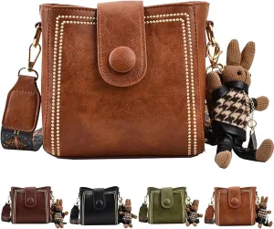 Bootara Bucket Bag, Vintage Crossbody Bag with Adjustable Wider Shoulder Strap, Spacious Travel Tote with Cute Rabbit Pendant