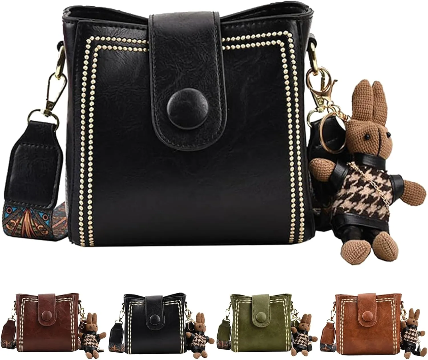 Bootara Bucket Bag, Vintage Crossbody Bag with Adjustable Wider Shoulder Strap, Spacious Travel Tote with Cute Rabbit Pendant