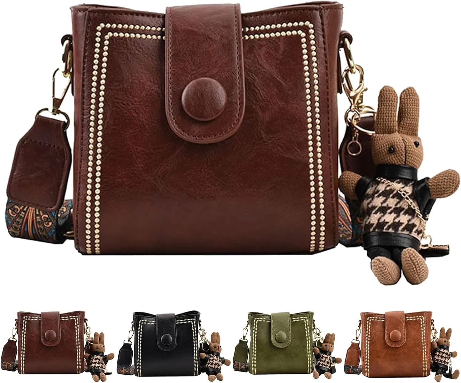 Bootara Bucket Bag, Vintage Crossbody Bag with Adjustable Wider Shoulder Strap, Spacious Travel Tote with Cute Rabbit Pendant