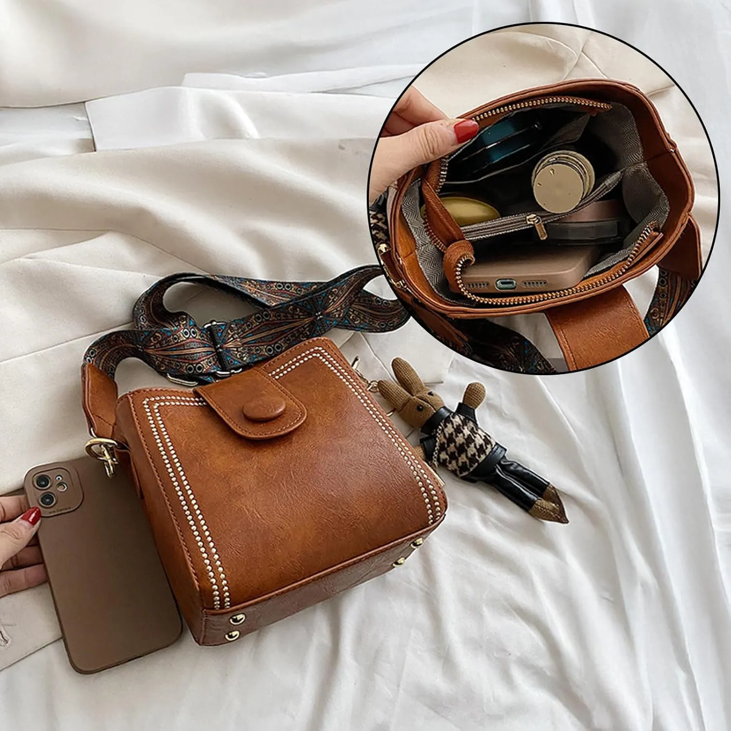 Bootara Bucket BagWomen's Vintage Convertible Shoulder Crossbody Bag with Bunny Charm,Spacious Retro Travel Tot