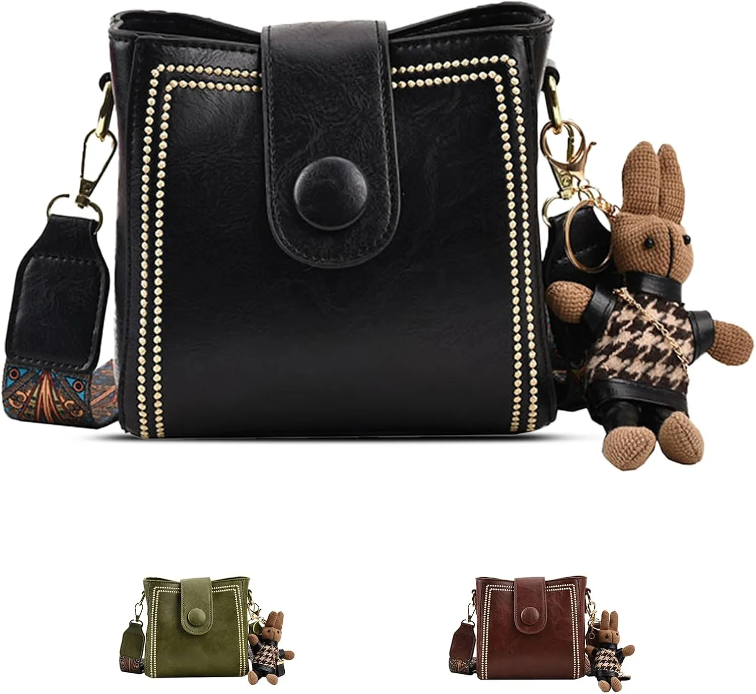 Bootara Bucket BagWomen's Vintage Convertible Shoulder Crossbody Bag with Bunny Charm,Spacious Retro Travel Tot