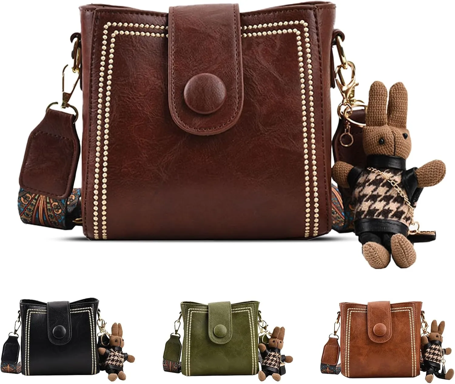Bootara Bucket BagWomen's Vintage Convertible Shoulder Crossbody Bag with Bunny Charm,Spacious Retro Travel Tot
