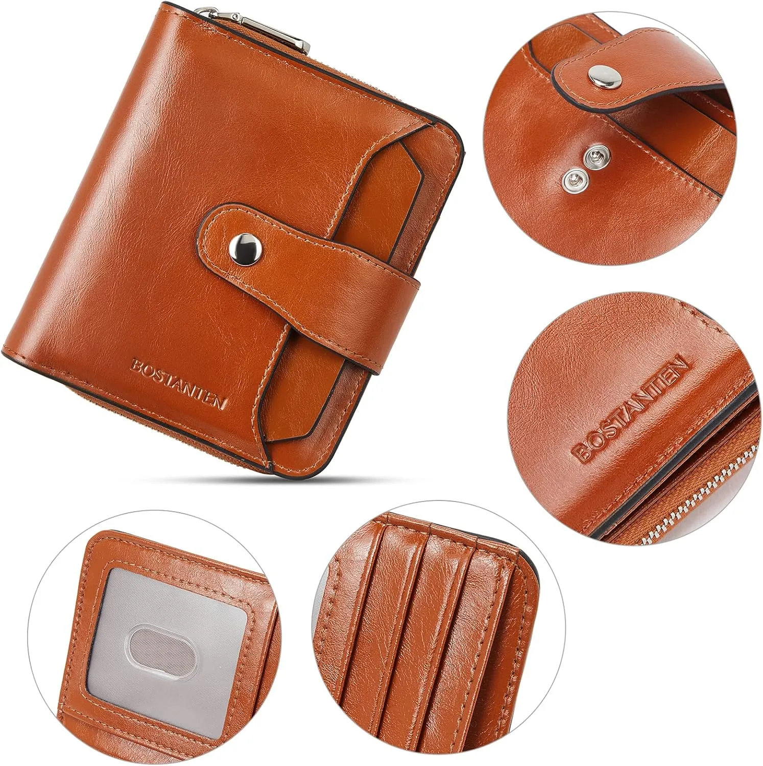 BOSTANTEN Leather Wallets for Women RFID Blocking Zipper Pocket Small Bifold Wallet Card Case Brown