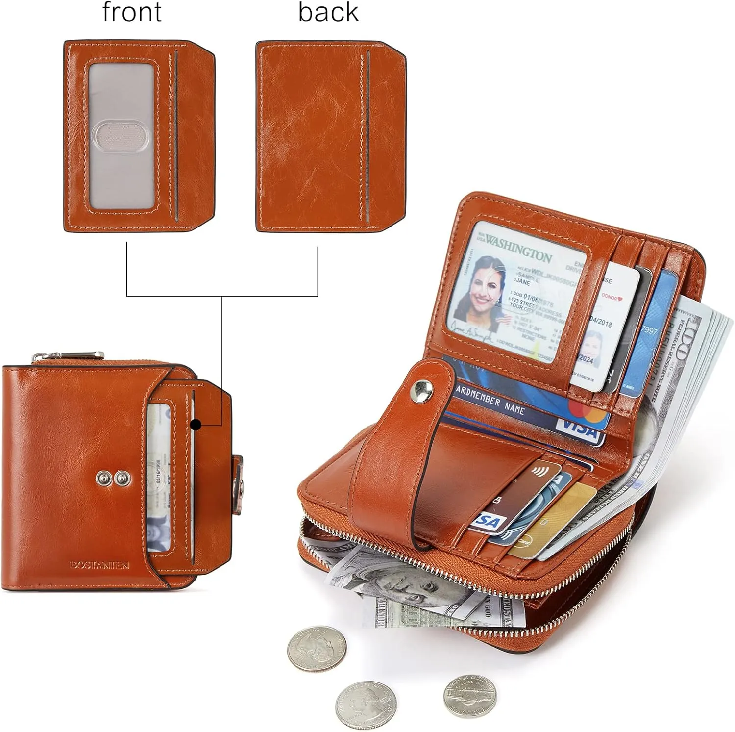 BOSTANTEN Leather Wallets for Women RFID Blocking Zipper Pocket Small Bifold Wallet Card Case Brown