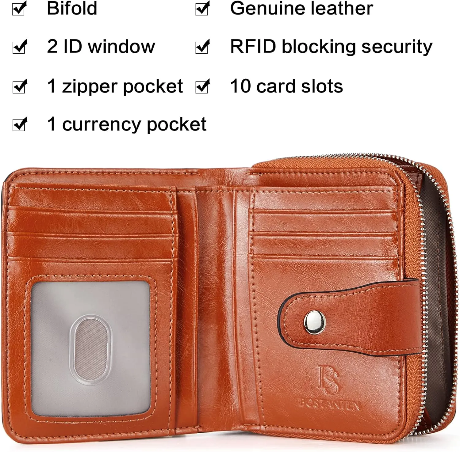 BOSTANTEN Leather Wallets for Women RFID Blocking Zipper Pocket Small Bifold Wallet Card Case Brown