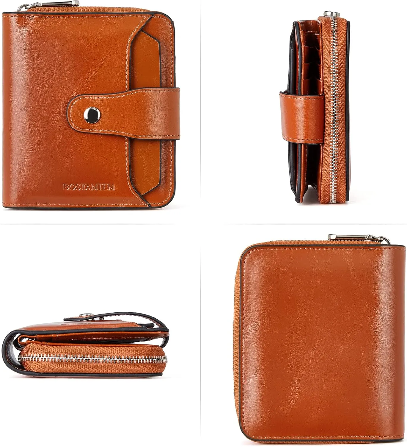 BOSTANTEN Leather Wallets for Women RFID Blocking Zipper Pocket Small Bifold Wallet Card Case Brown