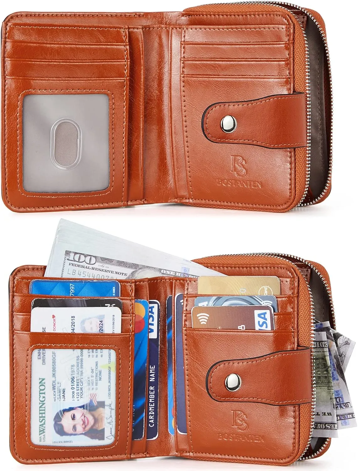 BOSTANTEN Leather Wallets for Women RFID Blocking Zipper Pocket Small Bifold Wallet Card Case Brown