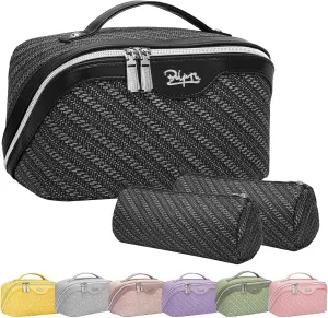 BOYATU Travel Makeup Bags for Women: Large Cosmetic Bag Waterproof - Vegan Leather Make up Bag Set of 3 - Compact Toiletry Organizer with Compartments & Handle & Divider