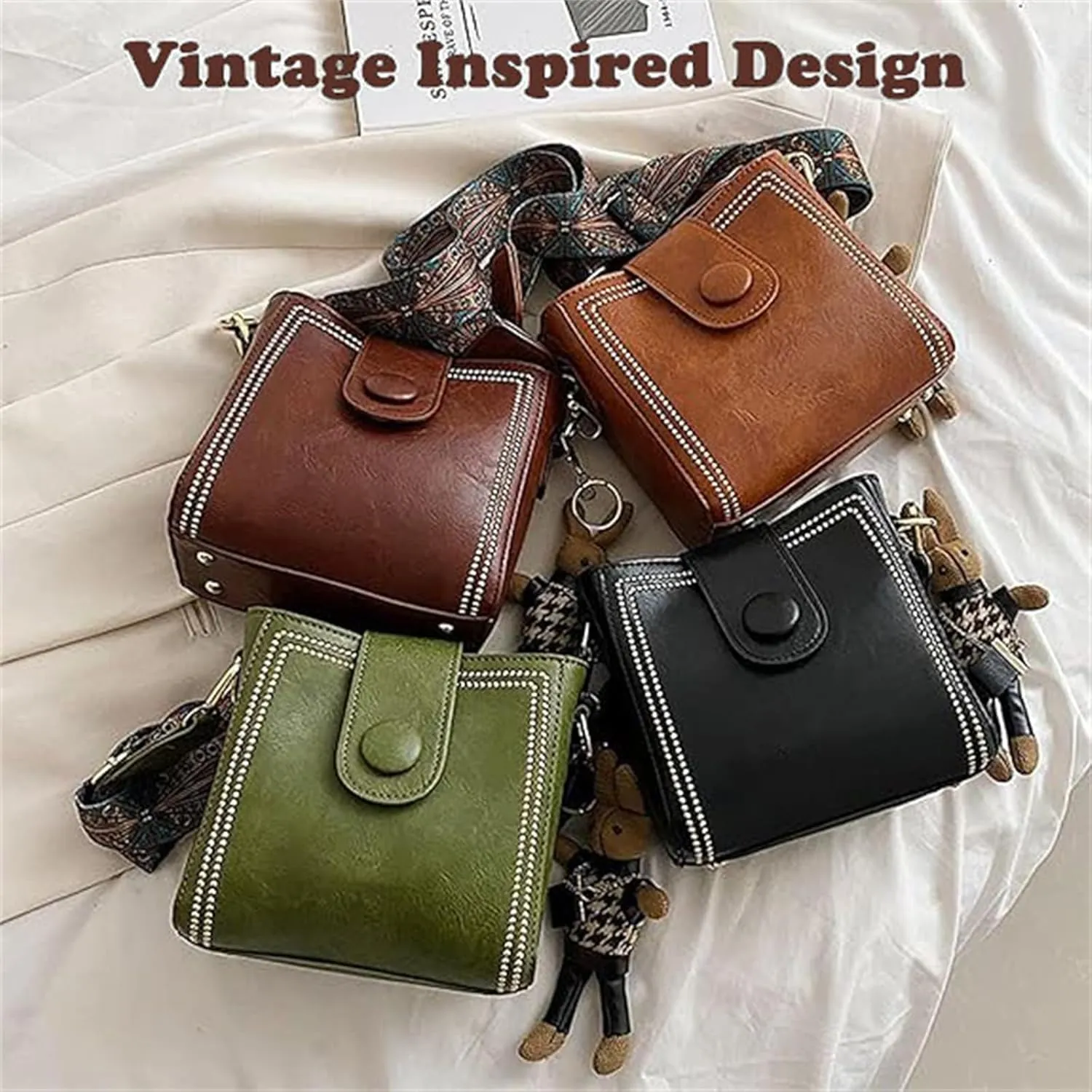 Bucket Bag, Women's Vintage Bunny Charm Bucket Bag, Adjustable Wider Shoulder Strap, Spacious Travel Tote
