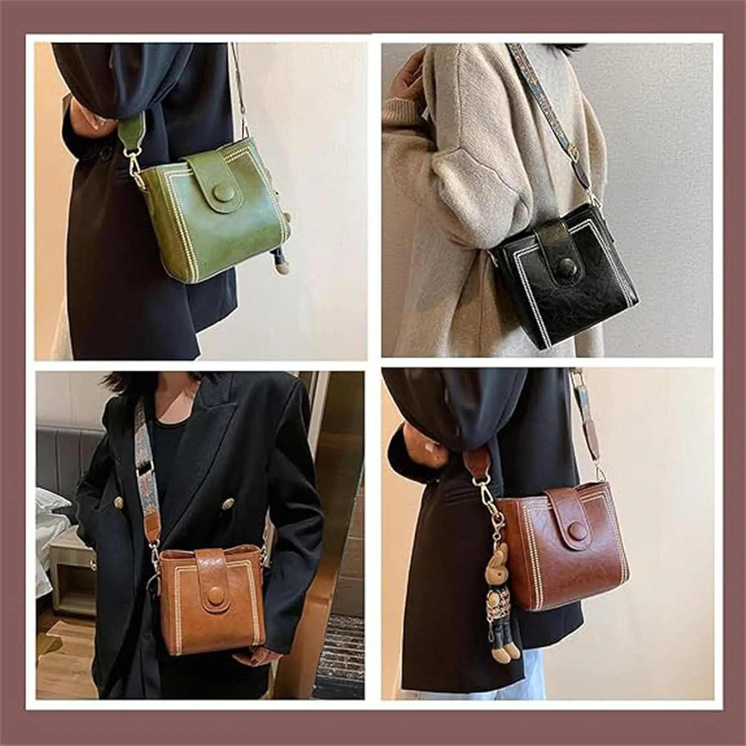 Bucket Bag, Women's Vintage Bunny Charm Bucket Bag, Adjustable Wider Shoulder Strap, Spacious Travel Tote