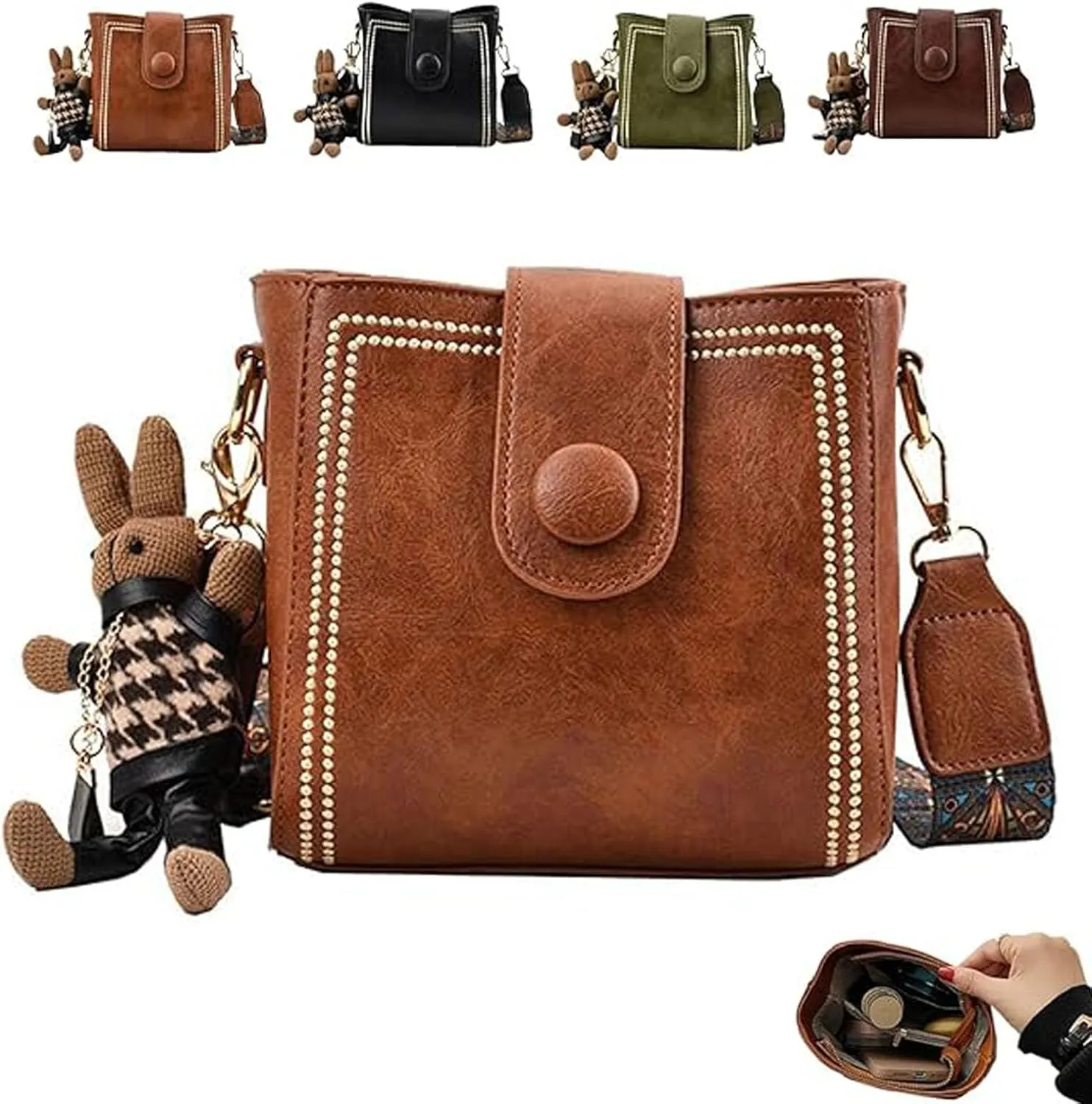 Bucket Bag, Women's Vintage Bunny Charm Bucket Bag, Adjustable Wider Shoulder Strap, Spacious Travel Tote