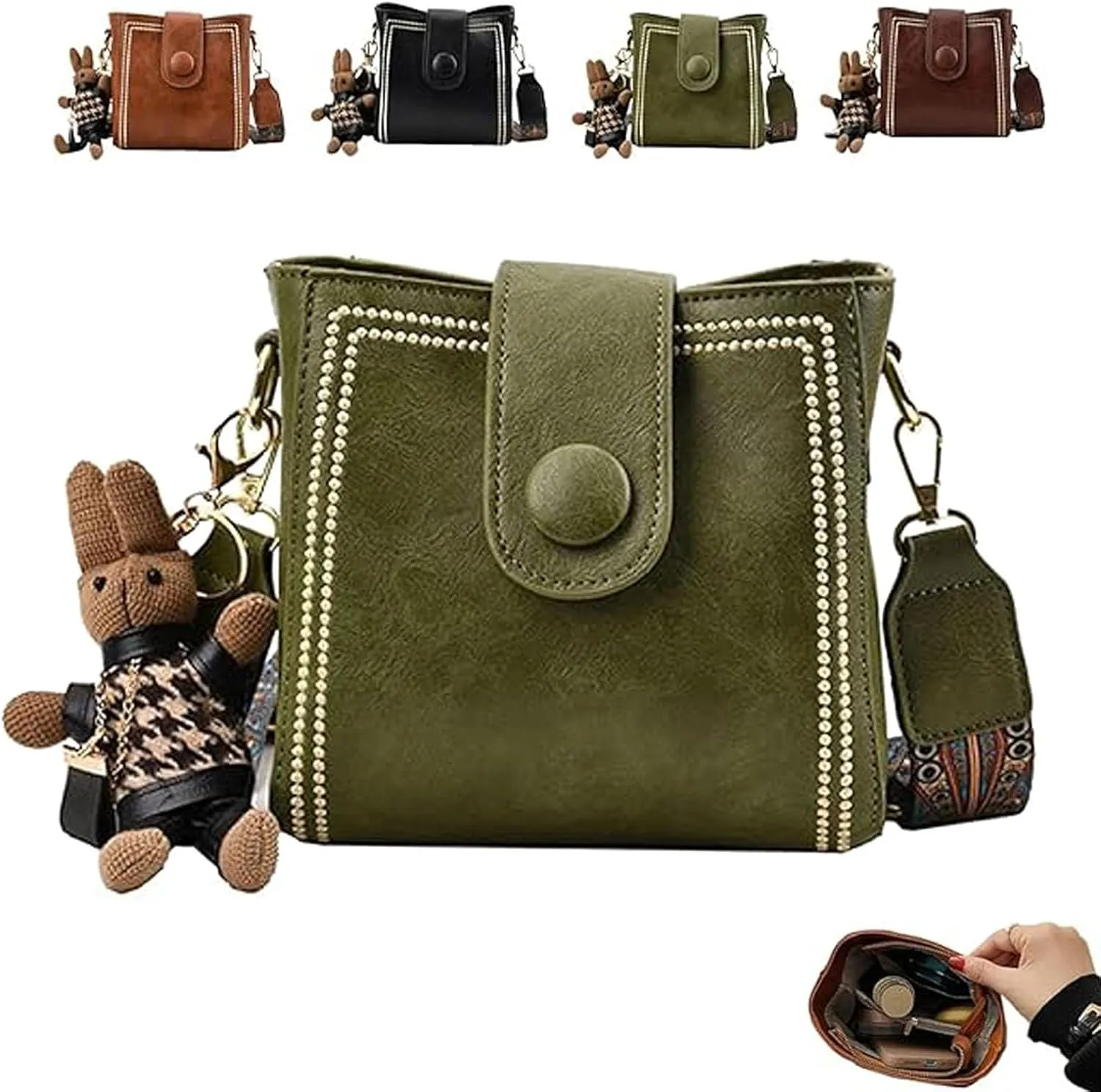 Bucket Bag, Women's Vintage Bunny Charm Bucket Bag, Adjustable Wider Shoulder Strap, Spacious Travel Tote