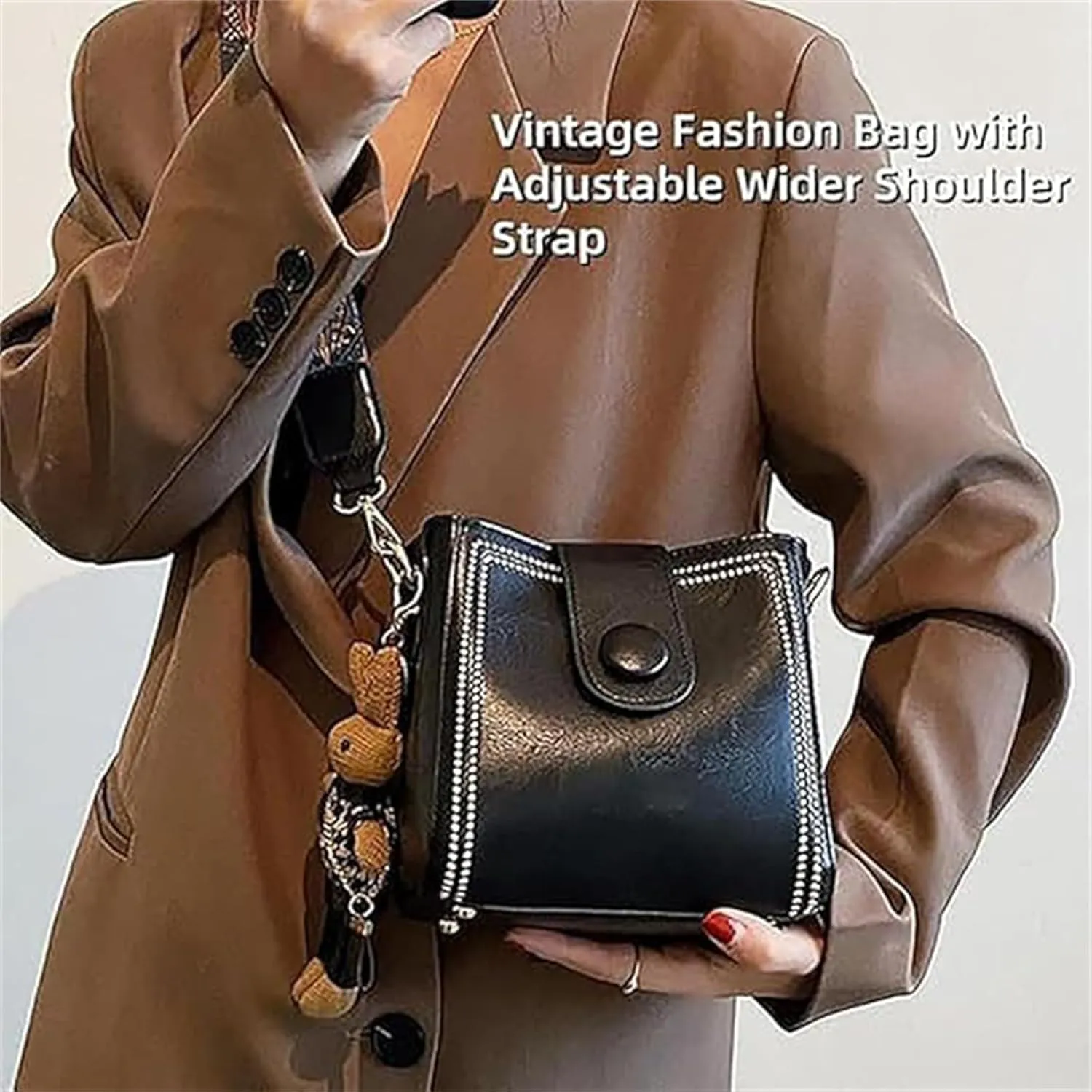Bucket Bag, Women's Vintage Bunny Charm Bucket Bag, Adjustable Wider Shoulder Strap, Spacious Travel Tote