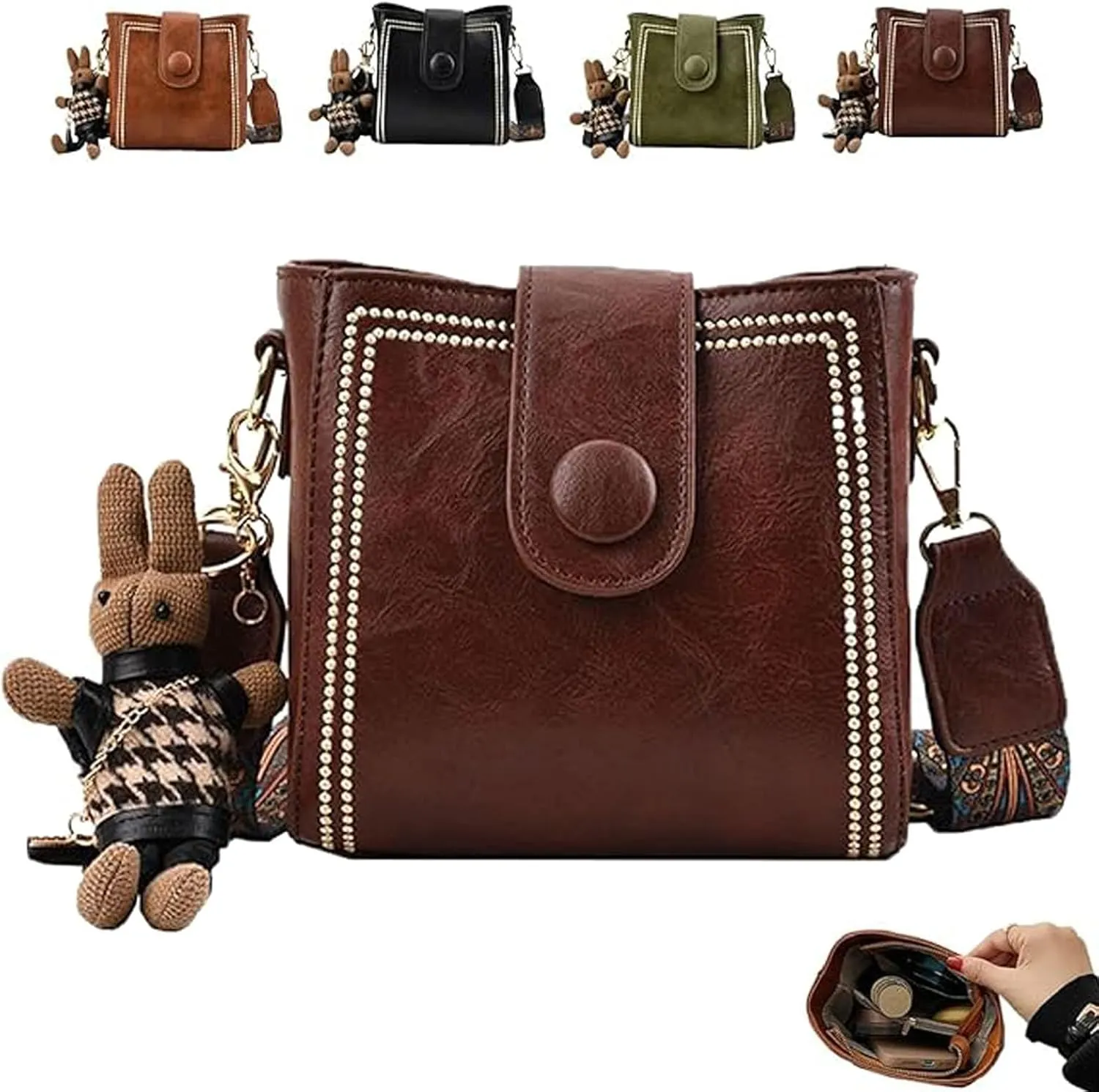 Bucket Bag, Women's Vintage Bunny Charm Bucket Bag, Adjustable Wider Shoulder Strap, Spacious Travel Tote