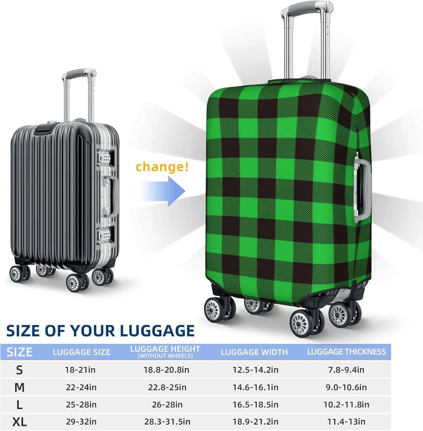 Buffalo Plaid Green Black Luggage Cover,Washable Suitcase Covers Fashion Luggage Covers,Anti-Scratch Suitcase Protector Cover