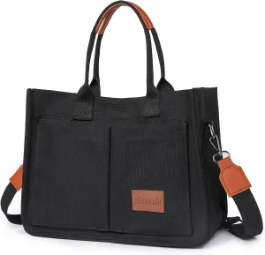 Canvas Tote Bag for Women/Men,Multi Pockets Travel Tote Laptop Bag Roomy Shoulder Handbag for Travel,Work,Office