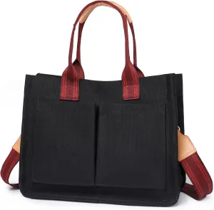 Canvas Tote Bag for Women/Men,Multi Pockets Travel Tote Laptop Bag Roomy Shoulder Handbag for Travel,Work,Office