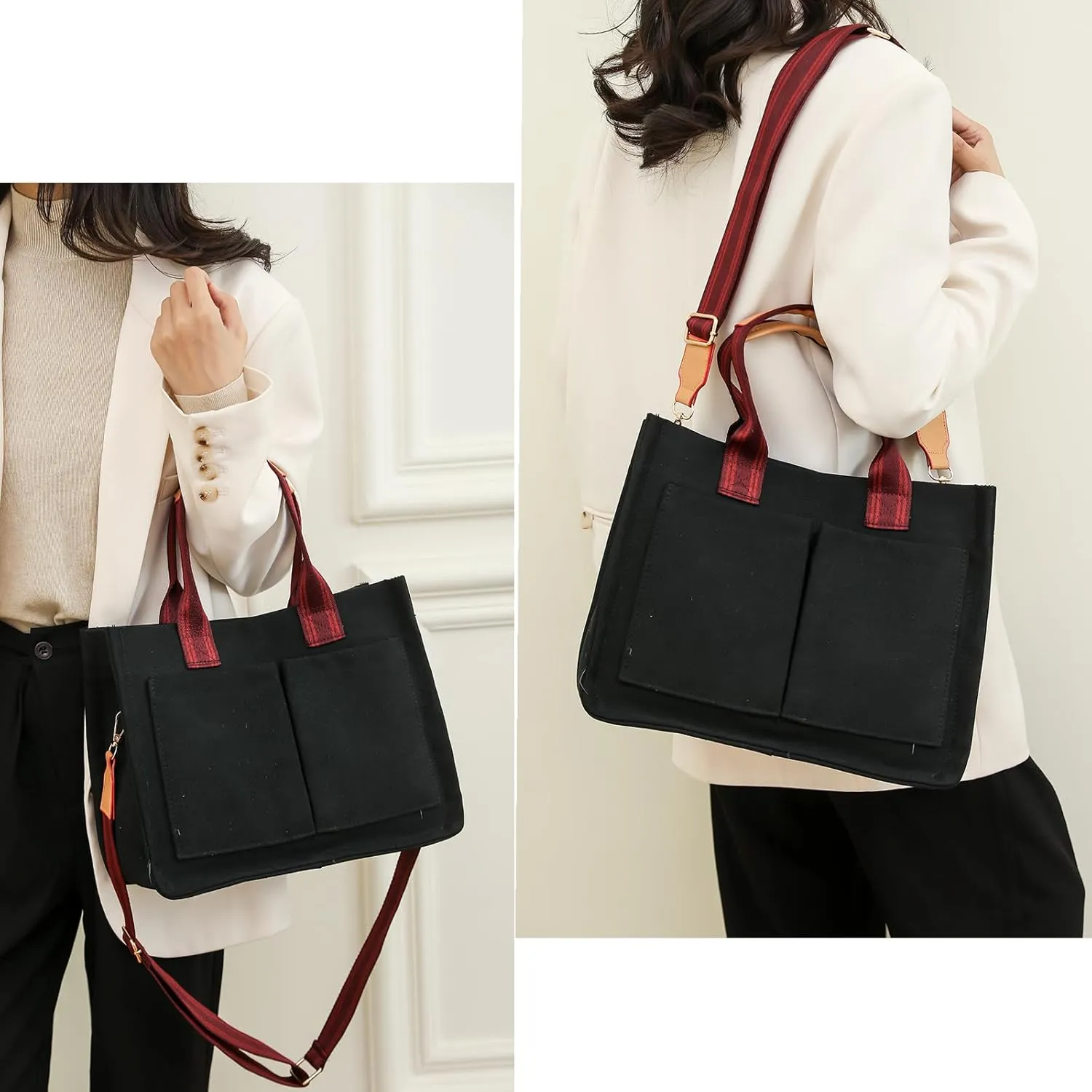 Canvas Tote Bag for Women/Men,Multi Pockets Travel Tote Laptop Bag Roomy Shoulder Handbag for Travel,Work,Office