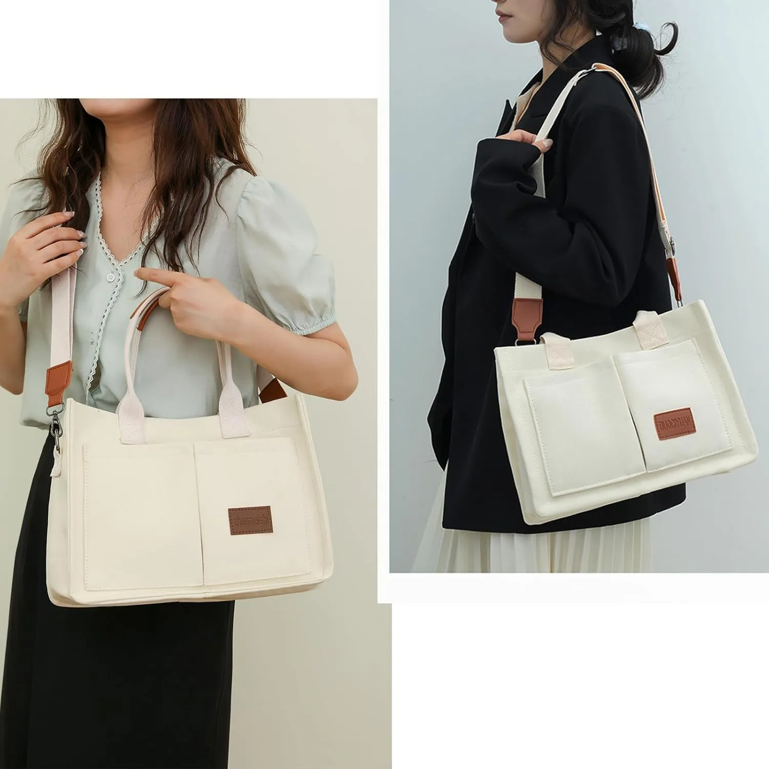 Canvas Tote Bag for Women/Men,Multi Pockets Travel Tote Laptop Bag Roomy Shoulder Handbag for Travel,Work,Office