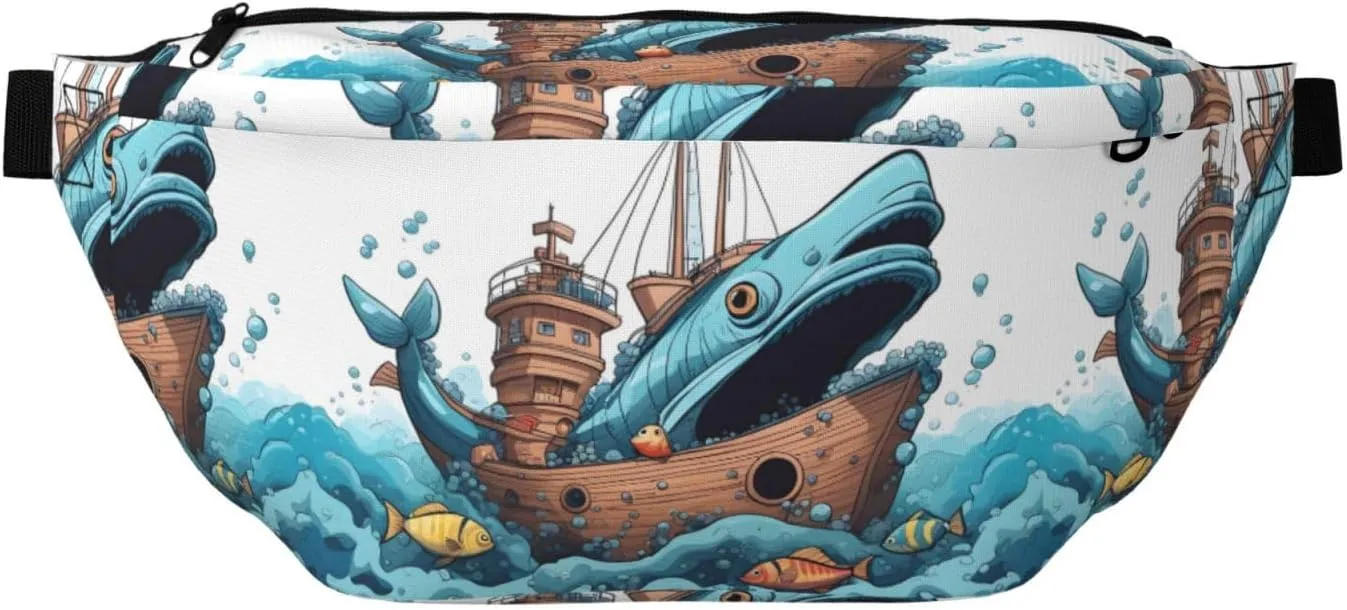Cartoon Fish Eating Ship In Ocean Sea Stylish Crossbody Waist Pack - Versatile And Compact Travel Pouch For Hands-Free Storage