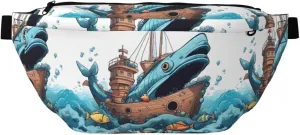Cartoon Fish Eating Ship In Ocean Sea Stylish Crossbody Waist Pack - Versatile And Compact Travel Pouch For Hands-Free Storage