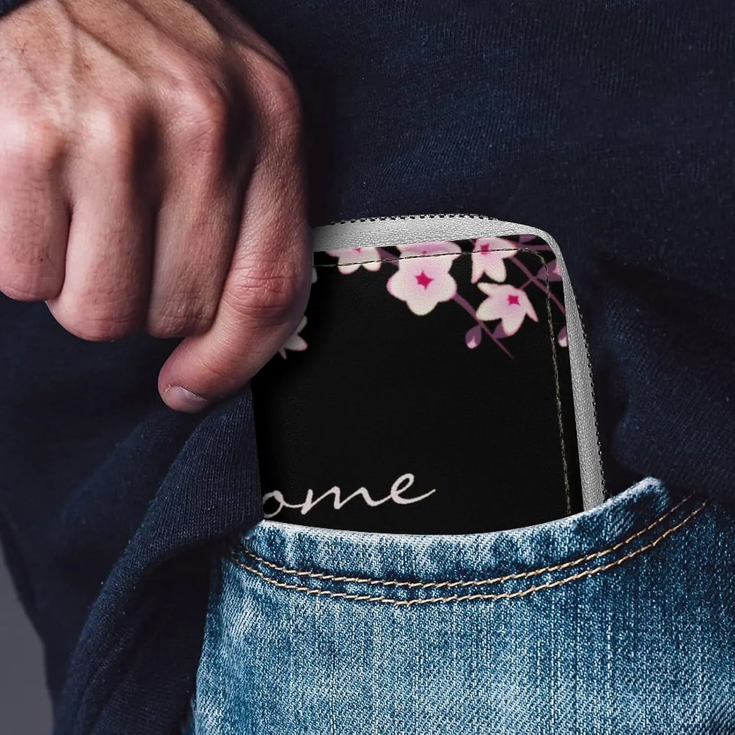 Cherry Blossom Pink Black Portable And Compact Leather Card Bag
