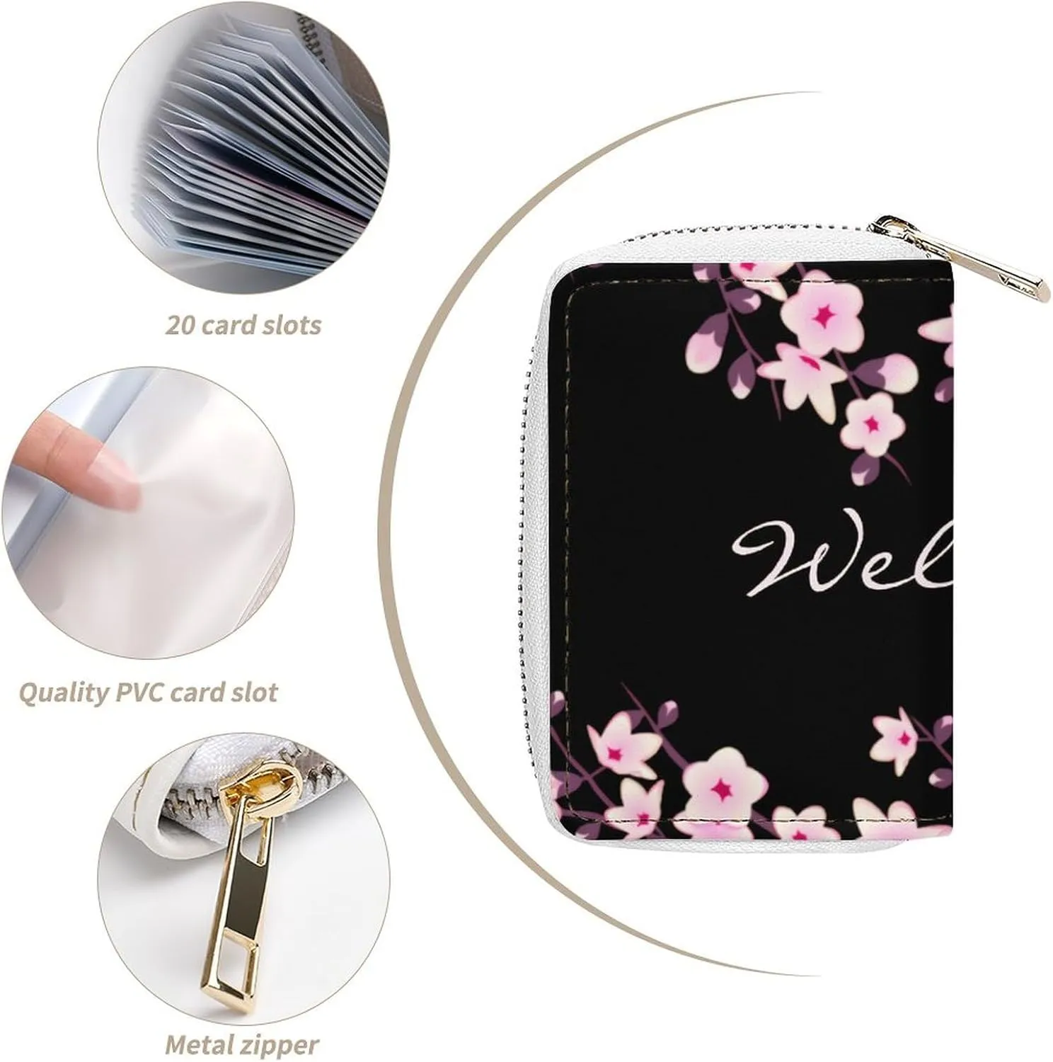 Cherry Blossom Pink Black Portable And Compact Leather Card Bag