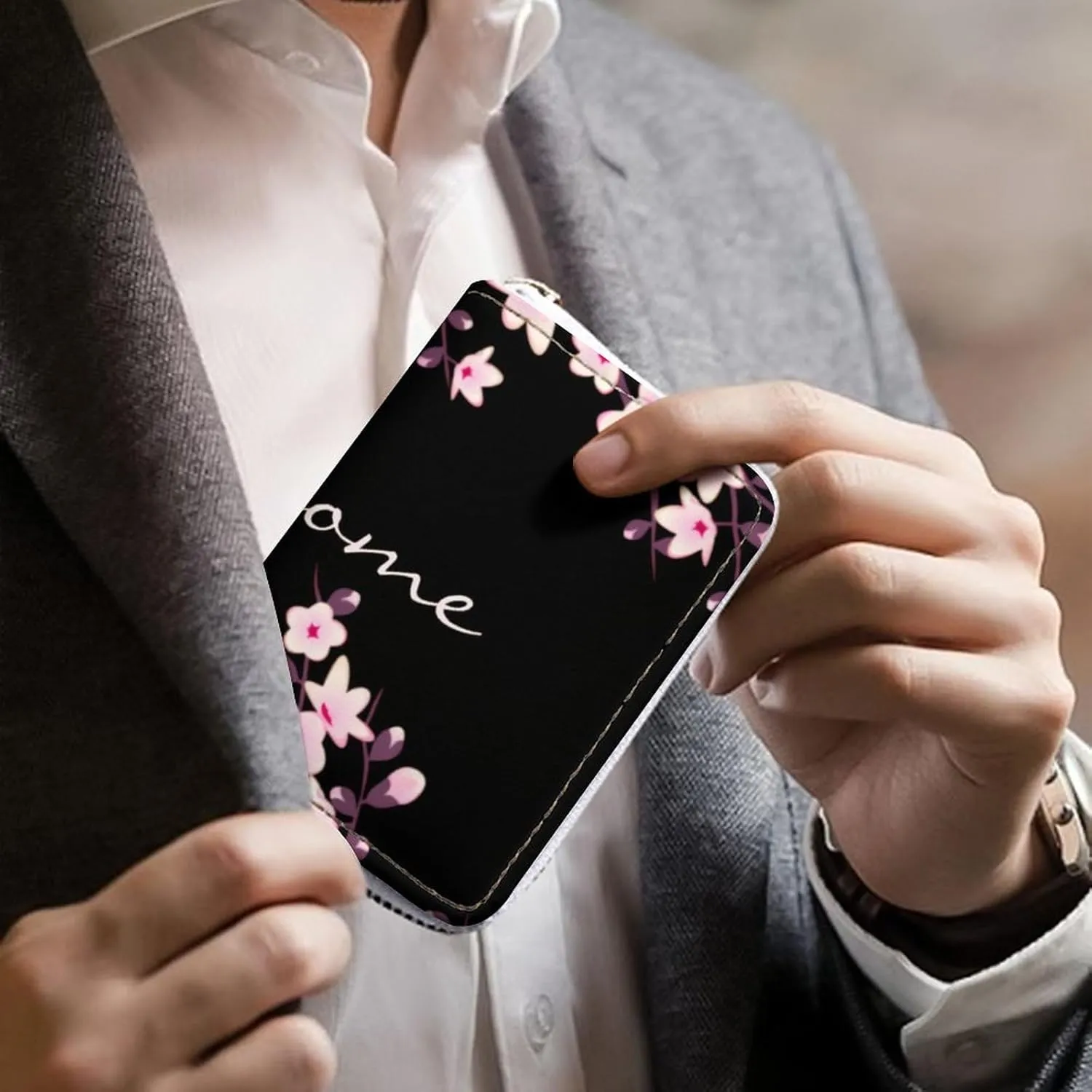 Cherry Blossom Pink Black Portable And Compact Leather Card Bag