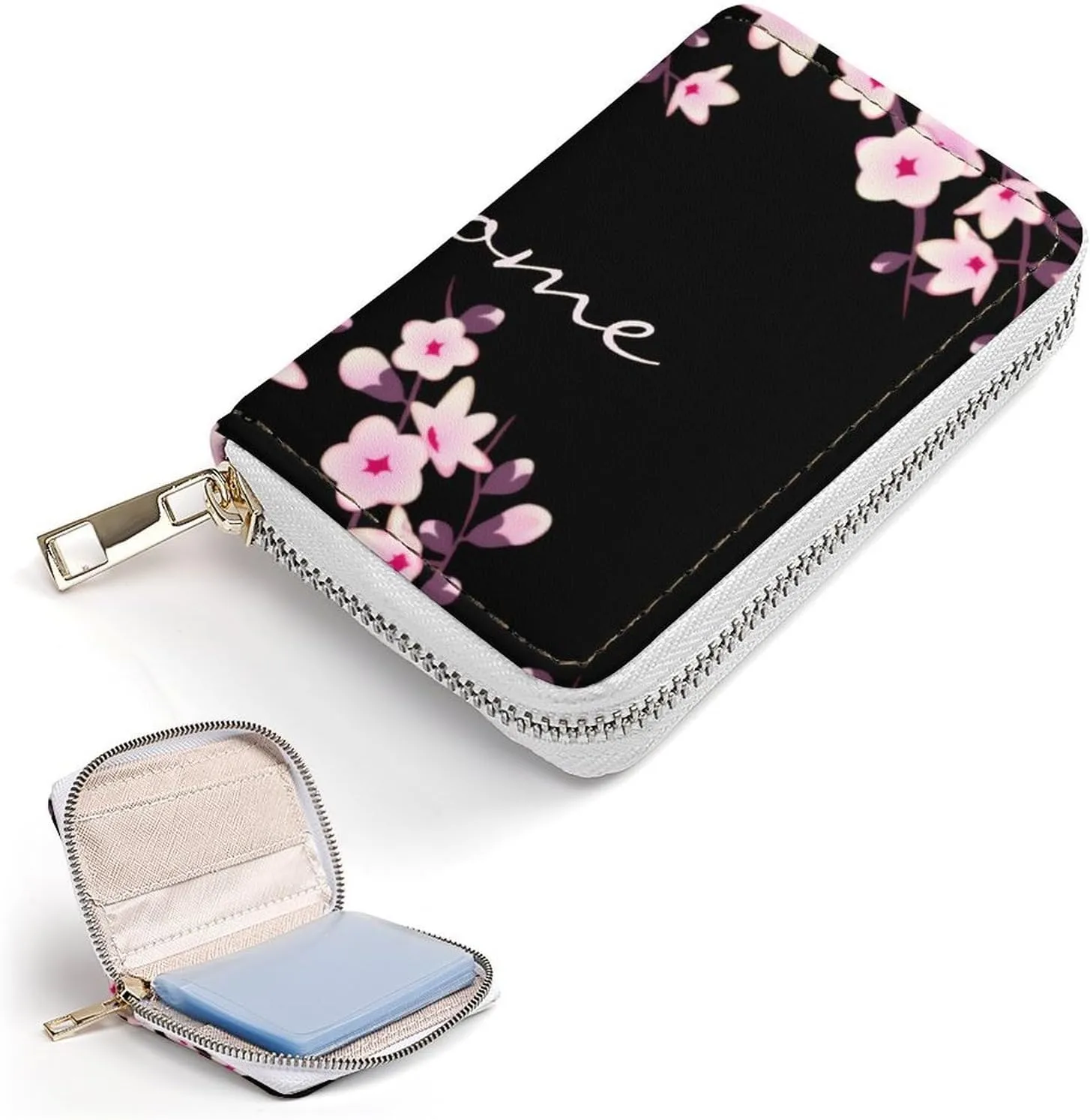 Cherry Blossom Pink Black Portable And Compact Leather Card Bag
