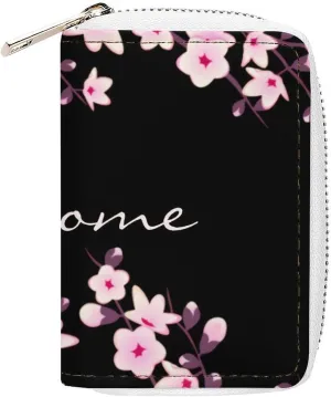Cherry Blossom Pink Black Portable And Compact Leather Card Bag