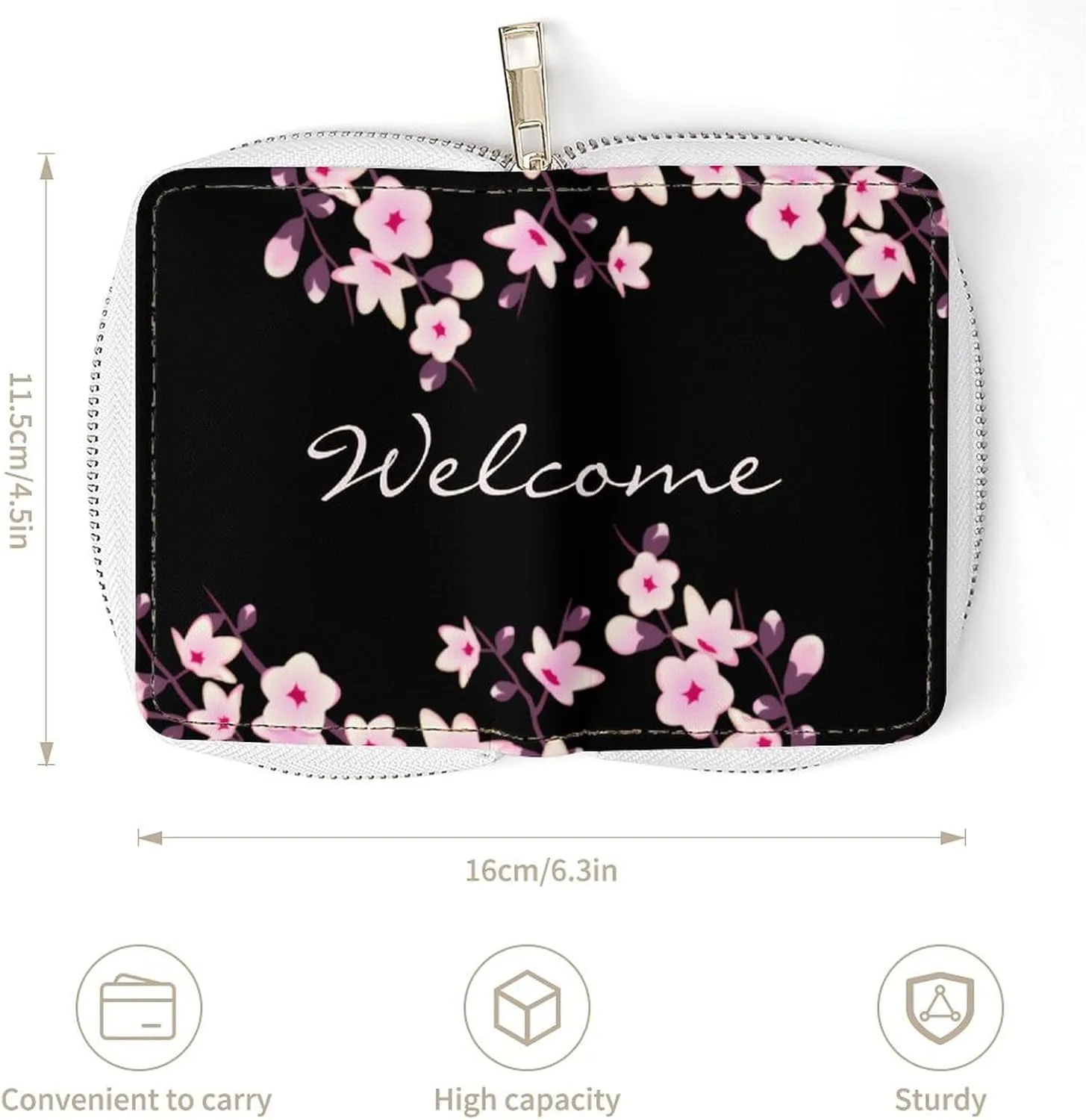 Cherry Blossom Pink Black Portable And Compact Leather Card Bag