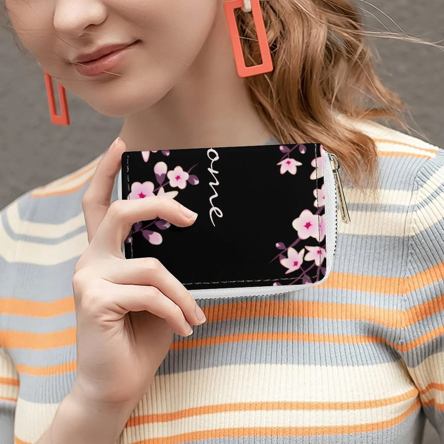 Cherry Blossom Pink Black Portable And Compact Leather Card Bag