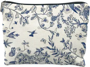 Chinoiserie Blue Floral Cosmetic Pouch, Vintage Floral Makeup Bag