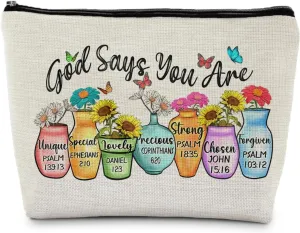Christian Bible Verse Inspirational Affirmations God Says You are Makeup Bag, Christian Gifts for Women, Scripture Cosmetic Bag