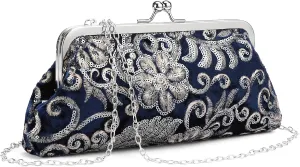 Clutch Purse for Women Floral Embroidery Sequin Evening Bags Elegant Kiss Lock Wedding Party Cocktail