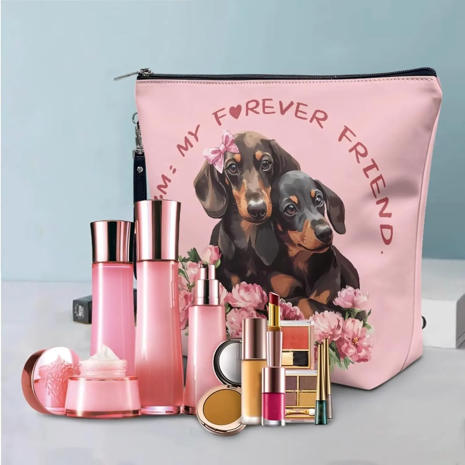 COEQINE Travel Makeup Bag Set Of 3 for Women Cute Dachshund Dog Print Leather Elegant Roomy Makeup Bags,lipstick pouch for Women,Travel Waterproof Toiletry Bag Accessories for Mom Birthday