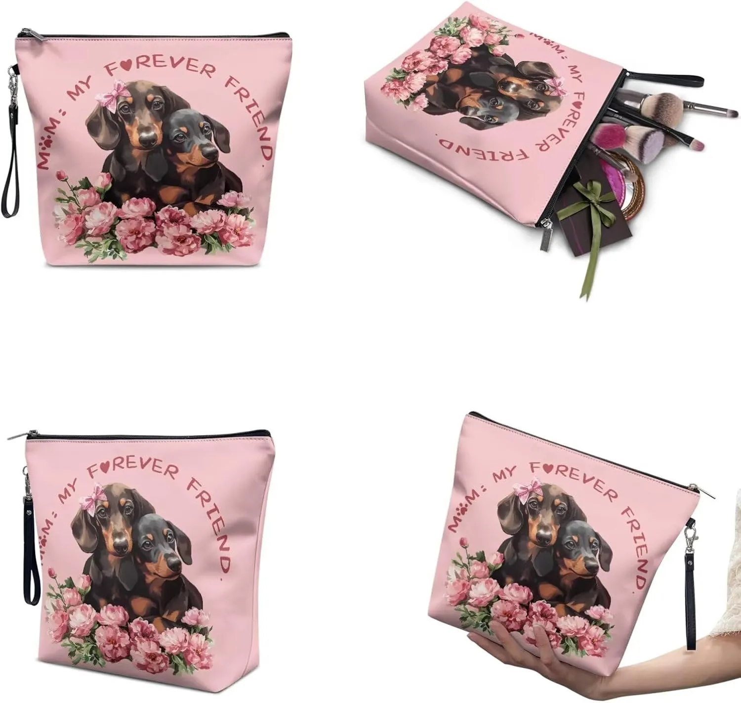 COEQINE Travel Makeup Bag Set Of 3 for Women Cute Dachshund Dog Print Leather Elegant Roomy Makeup Bags,lipstick pouch for Women,Travel Waterproof Toiletry Bag Accessories for Mom Birthday