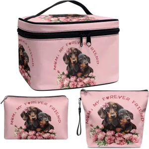 COEQINE Travel Makeup Bag Set Of 3 for Women Cute Dachshund Dog Print Leather Elegant Roomy Makeup Bags,lipstick pouch for Women,Travel Waterproof Toiletry Bag Accessories for Mom Birthday