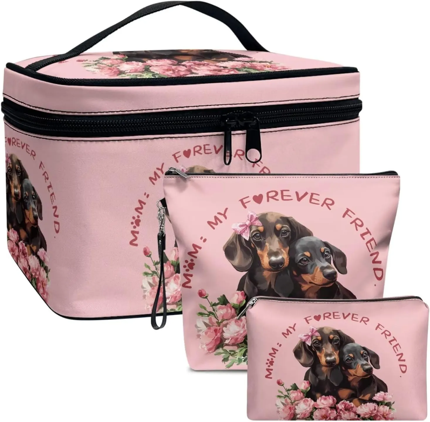 COEQINE Travel Makeup Bag Set Of 3 for Women Cute Dachshund Dog Print Leather Elegant Roomy Makeup Bags,lipstick pouch for Women,Travel Waterproof Toiletry Bag Accessories for Mom Birthday