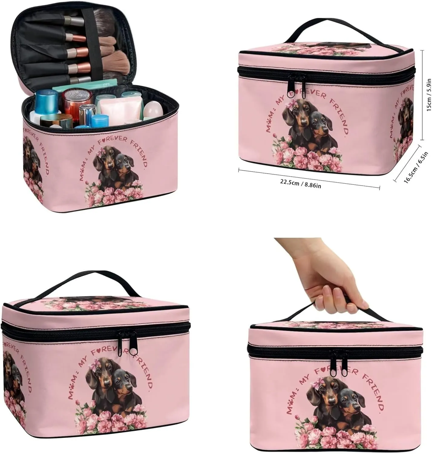 COEQINE Travel Makeup Bag Set Of 3 for Women Cute Dachshund Dog Print Leather Elegant Roomy Makeup Bags,lipstick pouch for Women,Travel Waterproof Toiletry Bag Accessories for Mom Birthday