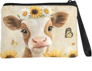 Cow Coins Purse for Women Personalized Sunflower Decor Small Wallet with Zipper Closure Casual Versatile Changes Bags for Coins Storage Accessory