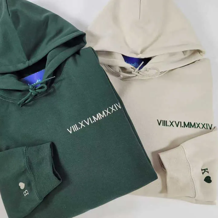 Custom Embroidered Roman Numeral Hoodie هودي بأرقام رومانية مطرزة حسب الطلب مع شحن مباشر كهدية للأزواج