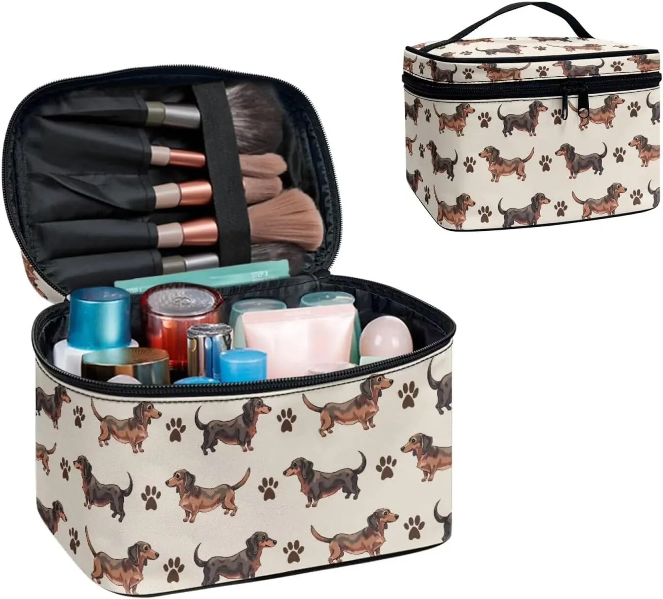 Dachshund Dog Pattern Toiletry Bag Travel Make Up Bag Women Cosmetic Bag, Kawaii Puppy Dogs Paws Roomy Cosmetic Pouch for Purse Zipper Makeup Bags Large