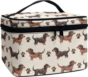 Dachshund Dog Pattern Toiletry Bag Travel Make Up Bag Women Cosmetic Bag, Kawaii Puppy Dogs Paws Roomy Cosmetic Pouch for Purse Zipper Makeup Bags Large