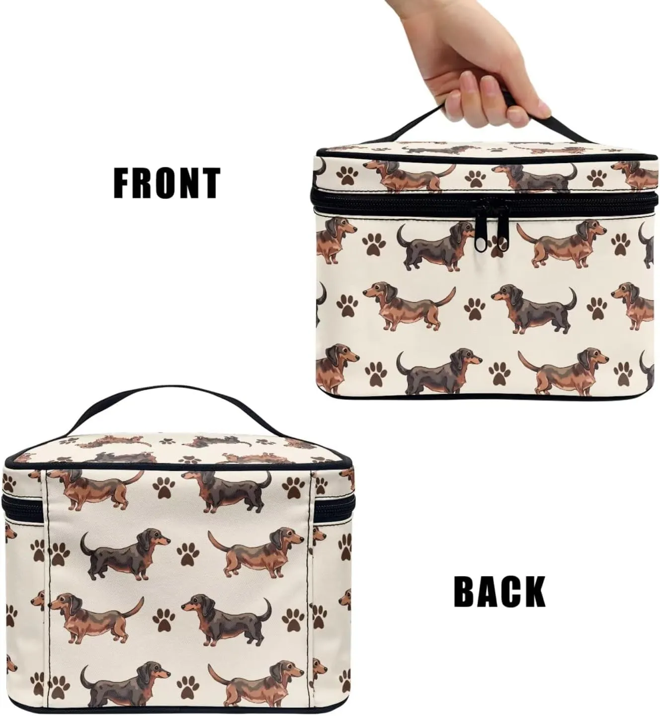 Dachshund Dog Pattern Toiletry Bag Travel Make Up Bag Women Cosmetic Bag, Kawaii Puppy Dogs Paws Roomy Cosmetic Pouch for Purse Zipper Makeup Bags Large