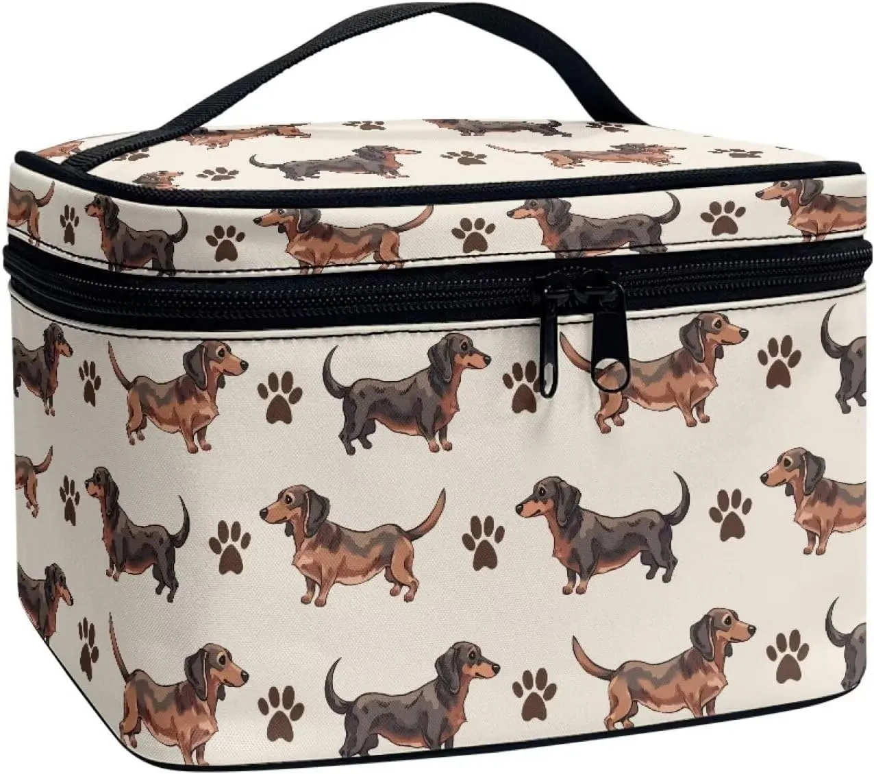 Dachshund Dog Pattern Toiletry Bag Travel Make Up Bag Women Cosmetic Bag, Kawaii Puppy Dogs Paws Roomy Cosmetic Pouch for Purse Zipper Makeup Bags Large