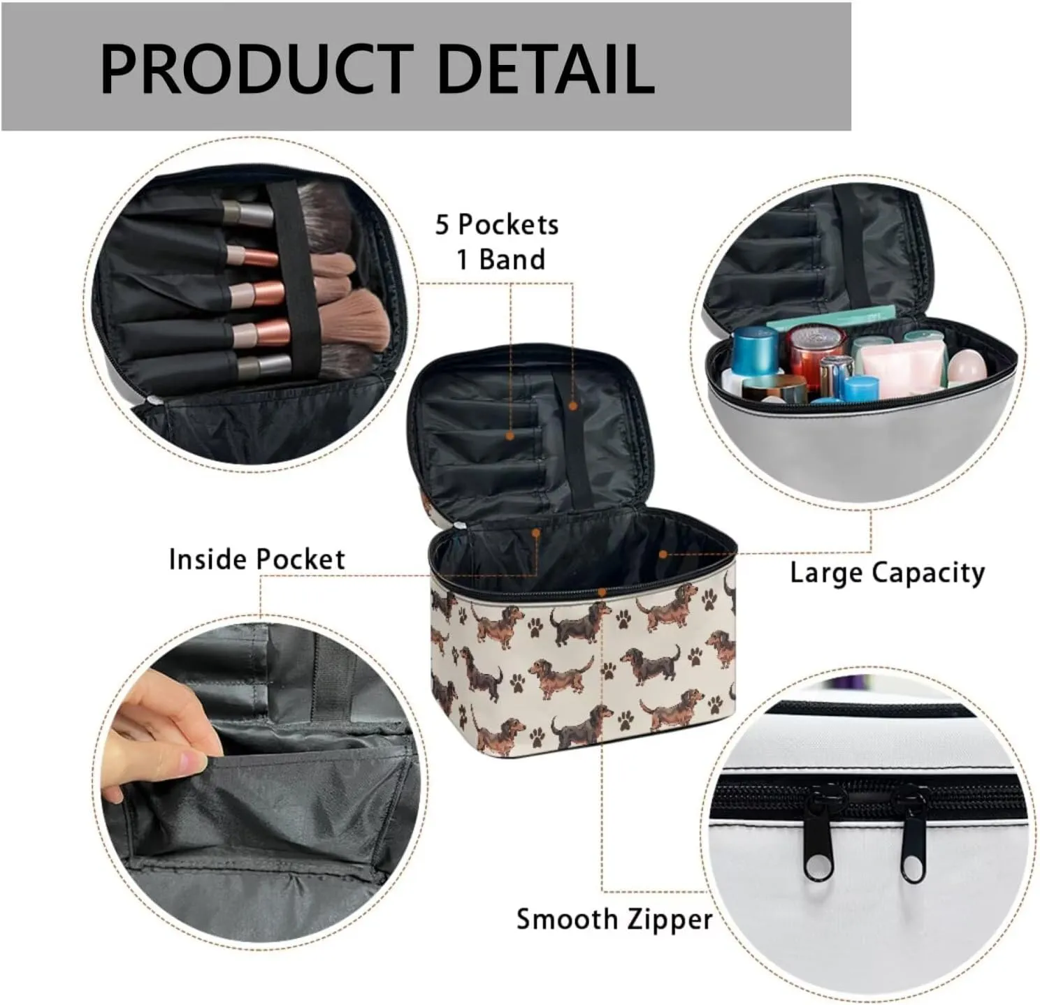 Dachshund Dog Pattern Toiletry Bag Travel Make Up Bag Women Cosmetic Bag, Kawaii Puppy Dogs Paws Roomy Cosmetic Pouch for Purse Zipper Makeup Bags Large