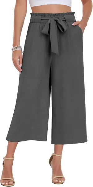 DILIUXING Womens Wide Leg Lounge Capri Pants with Pockets Lightweight High Waisted Adjustable Loose Tie Knot Trouser