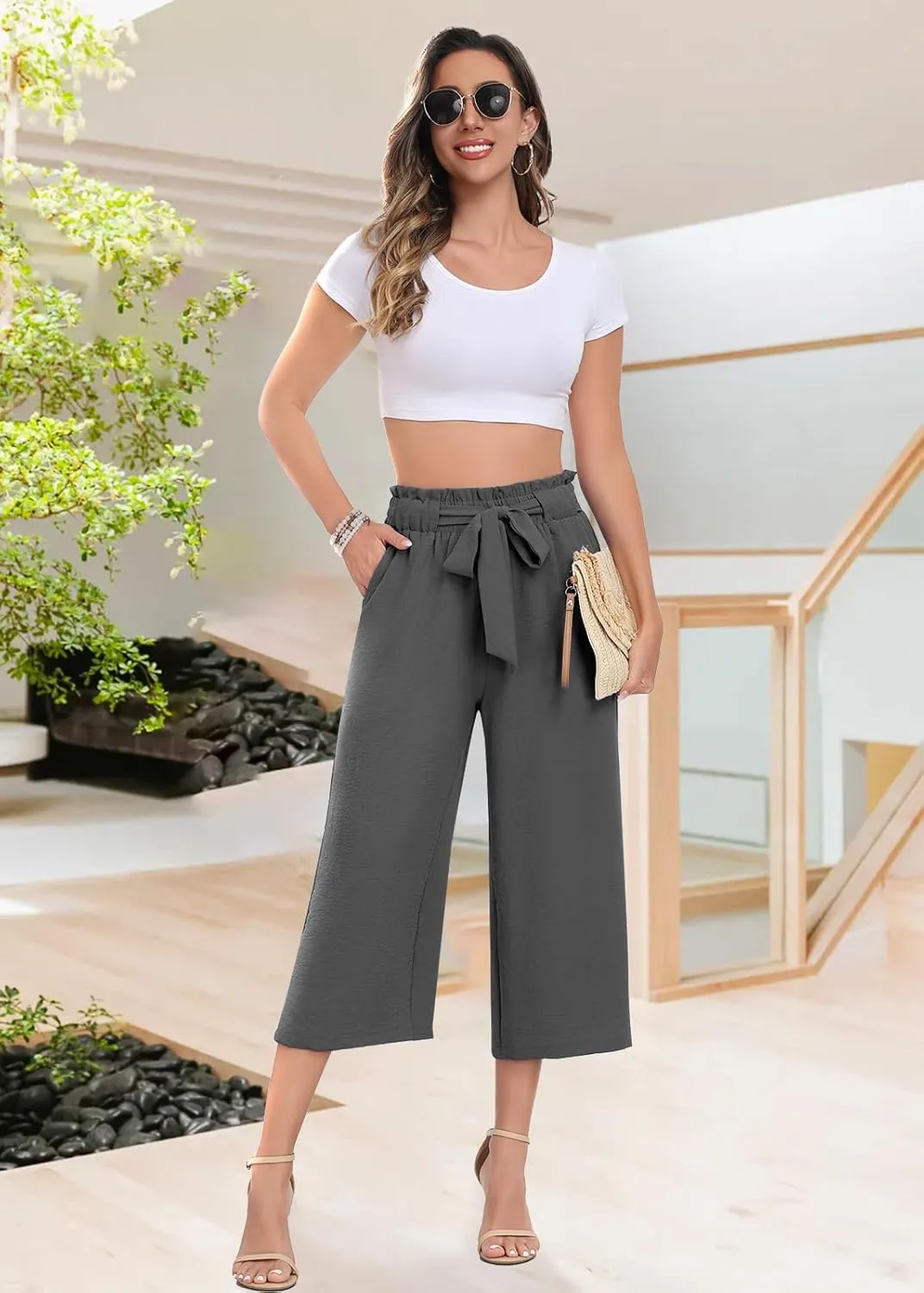 DILIUXING Womens Wide Leg Lounge Capri Pants with Pockets Lightweight High Waisted Adjustable Loose Tie Knot Trouser