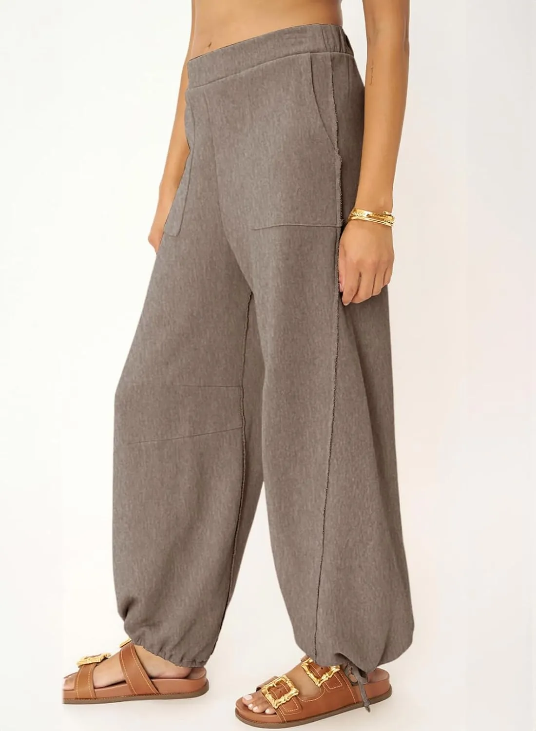 Dokotoo Womens Baggy Wide Leg Pants Drawstrings Cuffs Elastic Waisted Loose Palazzo Casual Harem Pants with Pockets